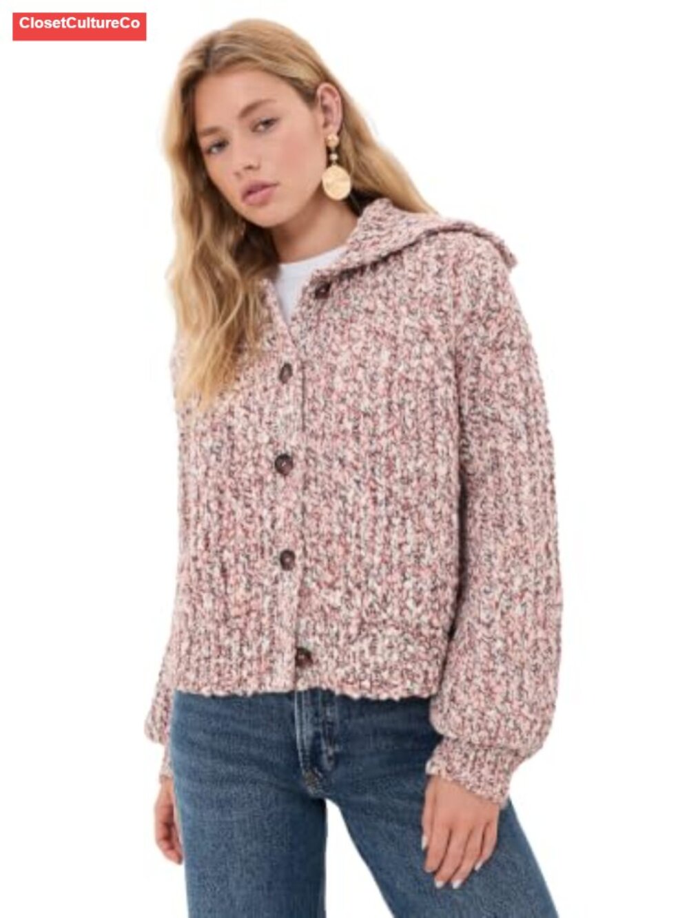 Wool Blend Chunky Knit Collared Cardigan